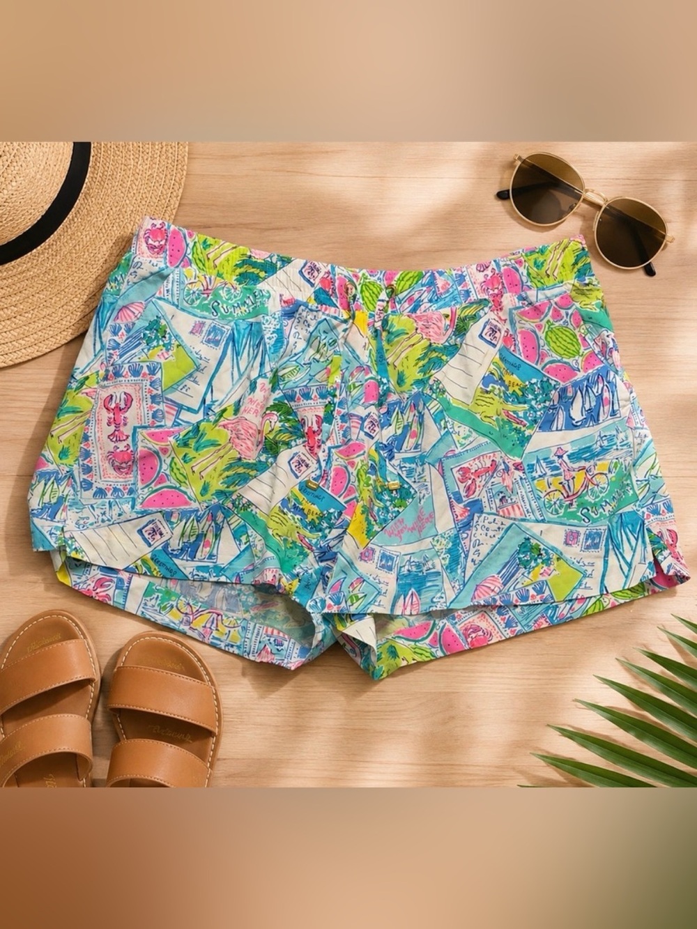 Lilly Pulitzer Postcard-Print Cotton Shorts in Aqua & Pink - W Large